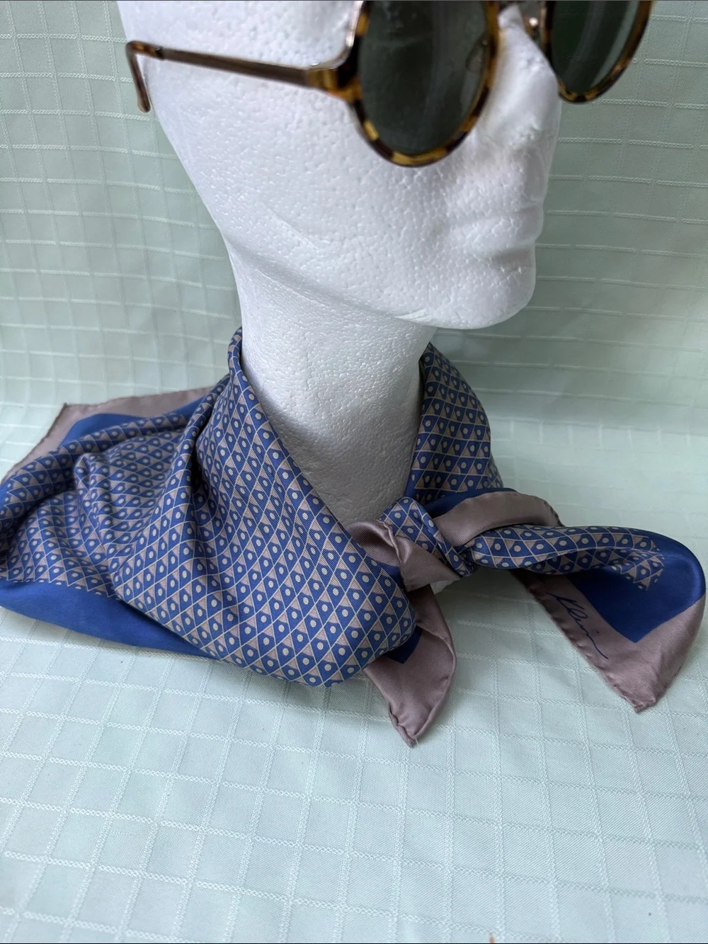 Vintage Anne Klein Blue Patterned Silk Scarf - Classic Fashion Accessory
